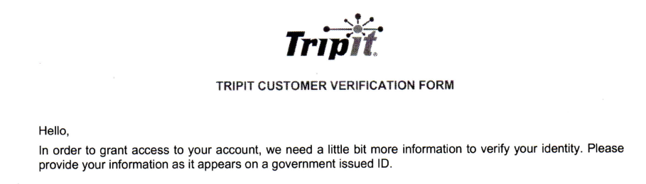 Top of Tripit form requesting ID confirmation